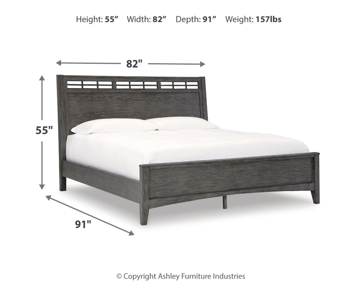 Montillan King Panel Bed with Mirrored Dresser and 2 Nightstands in Grayish Brown - PKG015957