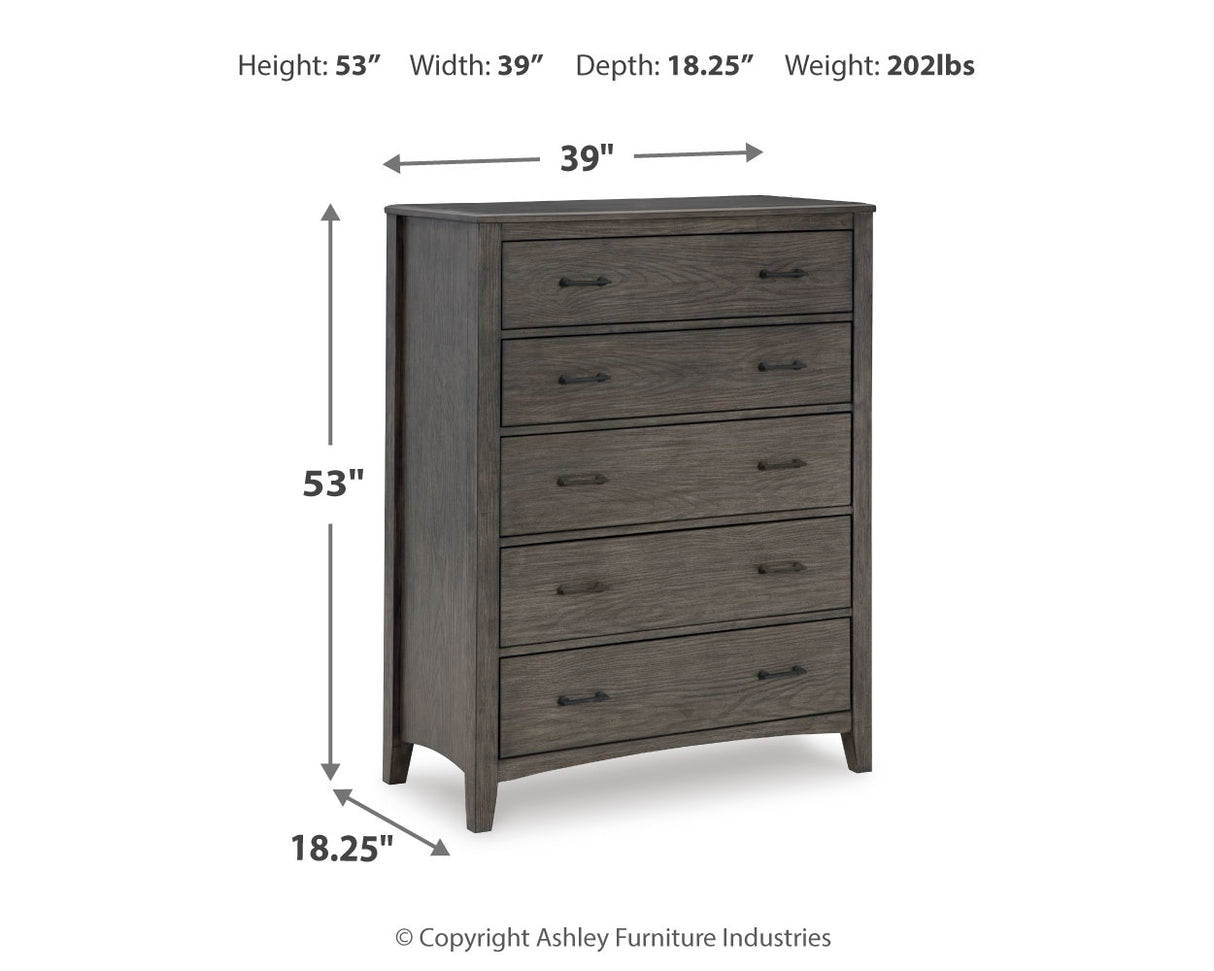 Montillan King Panel Bed with Mirrored Dresser and Chest in Grayish Brown - PKG015960