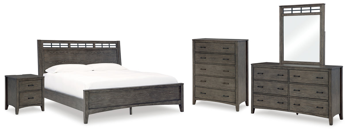 Montillan King Panel Bed with Mirrored Dresser, Chest and Nightstand in Grayish Brown from Ashley - Luna Furniture