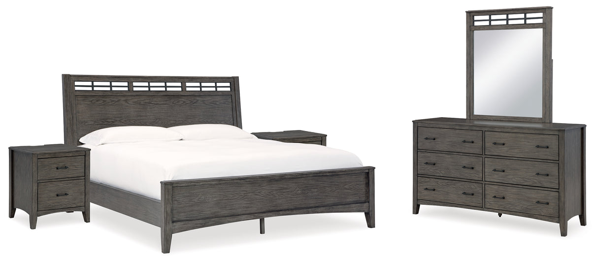 Montillan Queen Panel Bed with Mirrored Dresser and 2 Nightstands in Grayish Brown - PKG015951