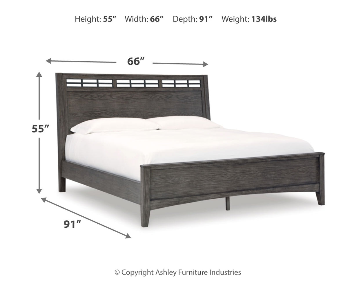 Montillan Queen Panel Bed with Mirrored Dresser and Chest in Grayish Brown - PKG015954