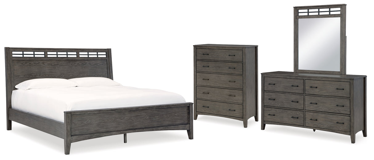 Montillan Queen Panel Bed with Mirrored Dresser and Chest in Grayish Brown - PKG015954