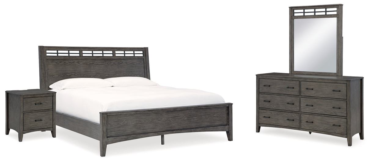 Montillan Queen Panel Bed with Mirrored Dresser and Nightstand in Grayish Brown - PKG015953