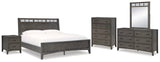 Montillan Queen Panel Bed with Mirrored Dresser, Chest and Nightstand in Grayish Brown - PKG015955