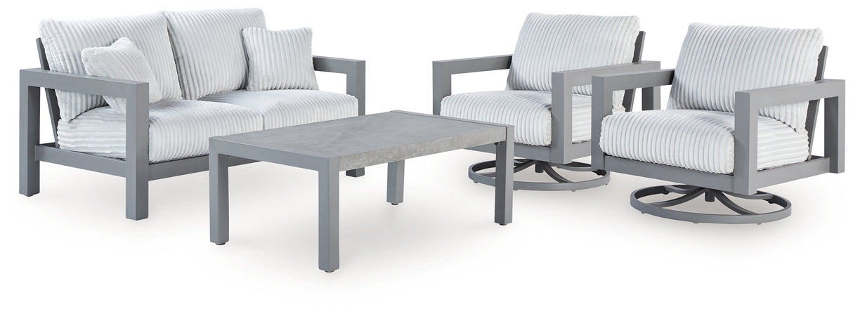 Moonlight View Outdoor Loveseat and 2 Lounge Chairs with Coffee Table in Gray from Ashley - Luna Furniture