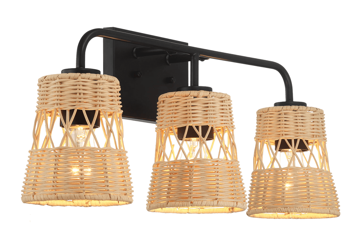 Moonlit Three Lights Wall Sconce With Rattan Shade, Bathroom Lighting Fixtures Over Mirror - WLL03900601