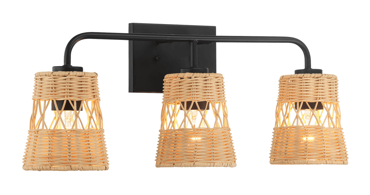 Moonlit Three Lights Wall Sconce With Rattan Shade, Bathroom Lighting Fixtures Over Mirror - WLL03900601