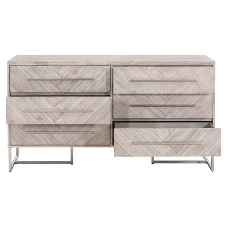 Mosaic 6-Drawer Double Dresser in Natural Gray Acacia, Brushed Stainless Steel - 6049.NG