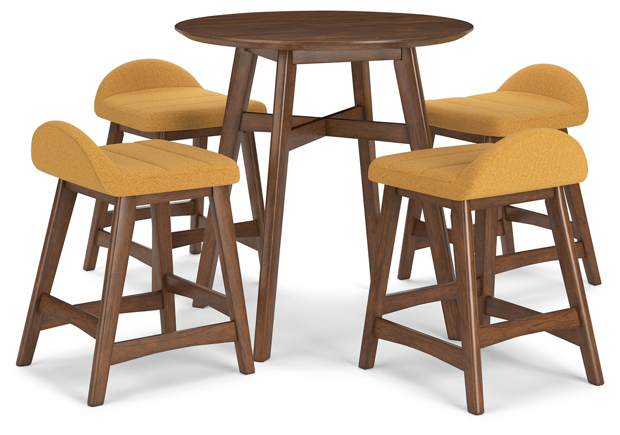 Mustard/Brown Lyncott Counter Height Dining Table and 4 Barstools - PKG015481