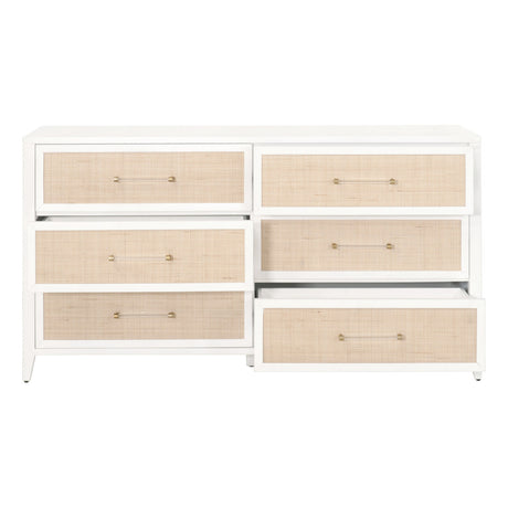 Holland 6-Drawer Double Dresser in Matte White, Natural Rattan - 6148.WHT/NAT