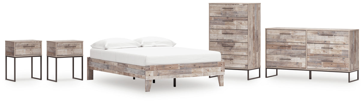 Neilsville Full Platform Bed with Dresser, Chest and 2 Nightstands in Whitewash from Ashley - Luna Furniture