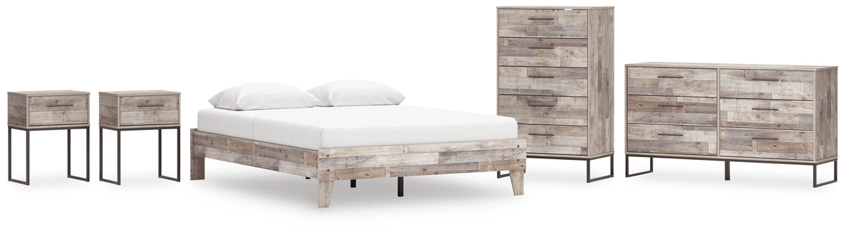 Neilsville Queen Platform Bed with Dresser, Chest and 2 Nightstands in Whitewash from Ashley - Luna Furniture