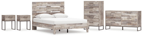 Neilsville Queen Platform Bed with Dresser, Chest and 2 Nightstands in Whitewash from Ashley - Luna Furniture