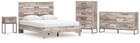 Neilsville Queen Platform Bed with Dresser, Chest and Nightstand in Whitewash from Ashley - Luna Furniture