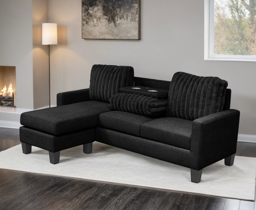 Neymar Black Reversible Sectional with Drop Down Table from Happy Homes - Luna Furniture