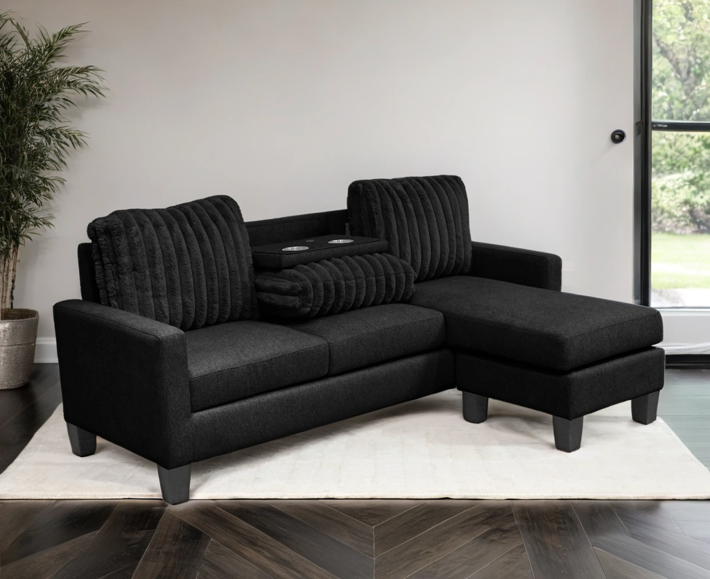 Neymar Black Reversible Sectional with Drop Down Table from Happy Homes - Luna Furniture