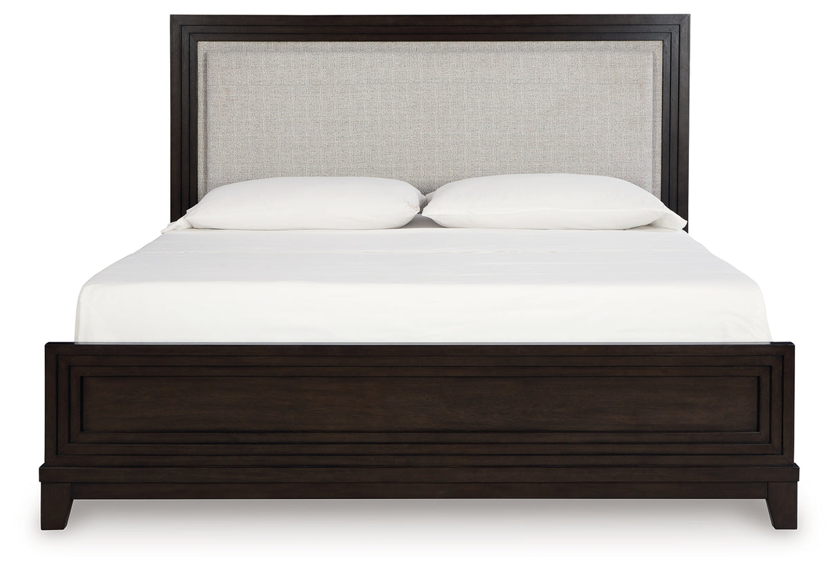 Neymorton California King Upholstered Panel Bed with 2 Nightstands in Dark Grayish Brown from Ashley - Luna Furniture