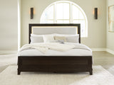 Neymorton California King Upholstered Panel Bed with 2 Nightstands in Dark Grayish Brown from Ashley - Luna Furniture