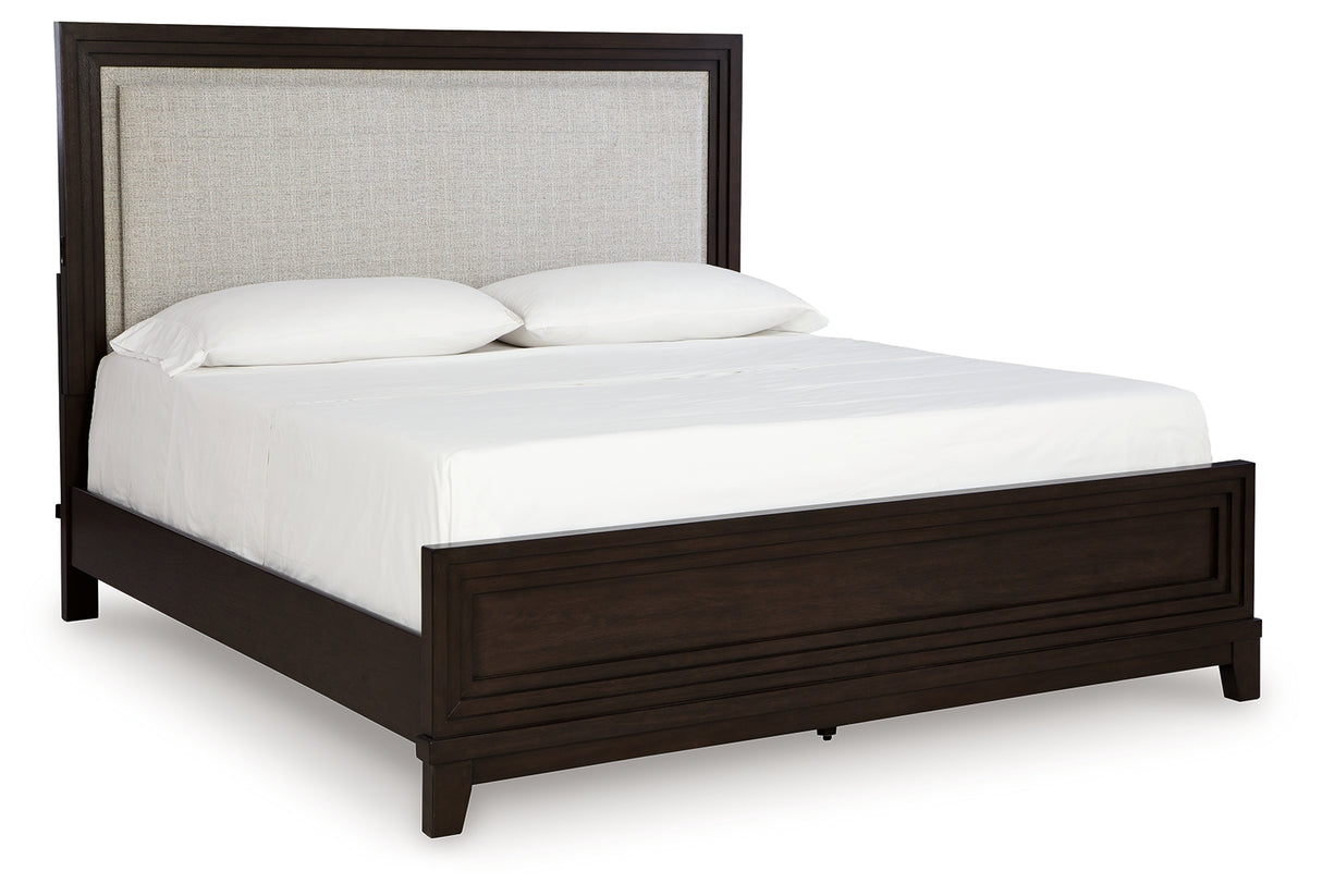 Neymorton California King Upholstered Panel Bed with 2 Nightstands in Dark Grayish Brown from Ashley - Luna Furniture