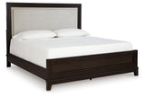 Neymorton California King Upholstered Panel Bed with 2 Nightstands in Dark Grayish Brown from Ashley - Luna Furniture