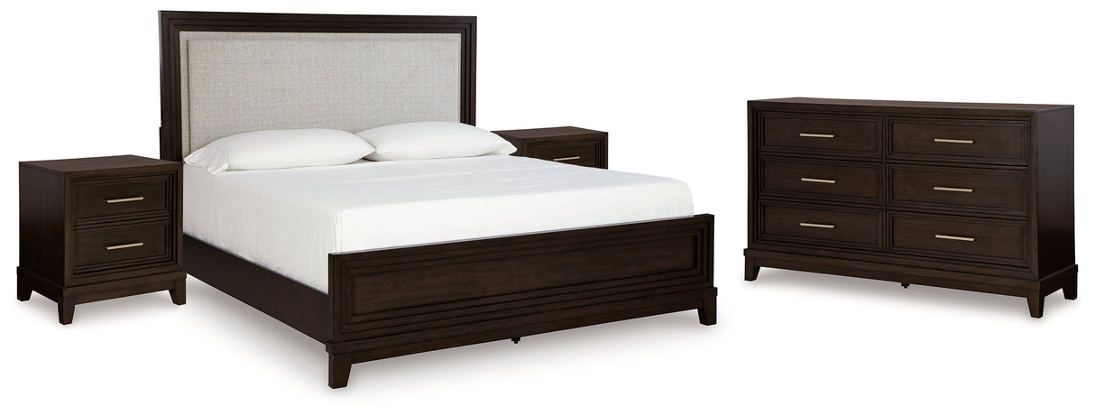 Neymorton California King Upholstered Panel Bed with Dresser and 2 Nightstands in Dark Grayish Brown from Ashley - Luna Furniture