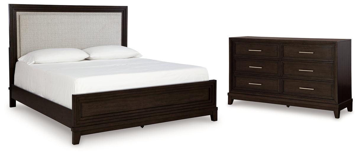 Neymorton California King Upholstered Panel Bed with Dresser in Dark Grayish Brown from Ashley - Luna Furniture