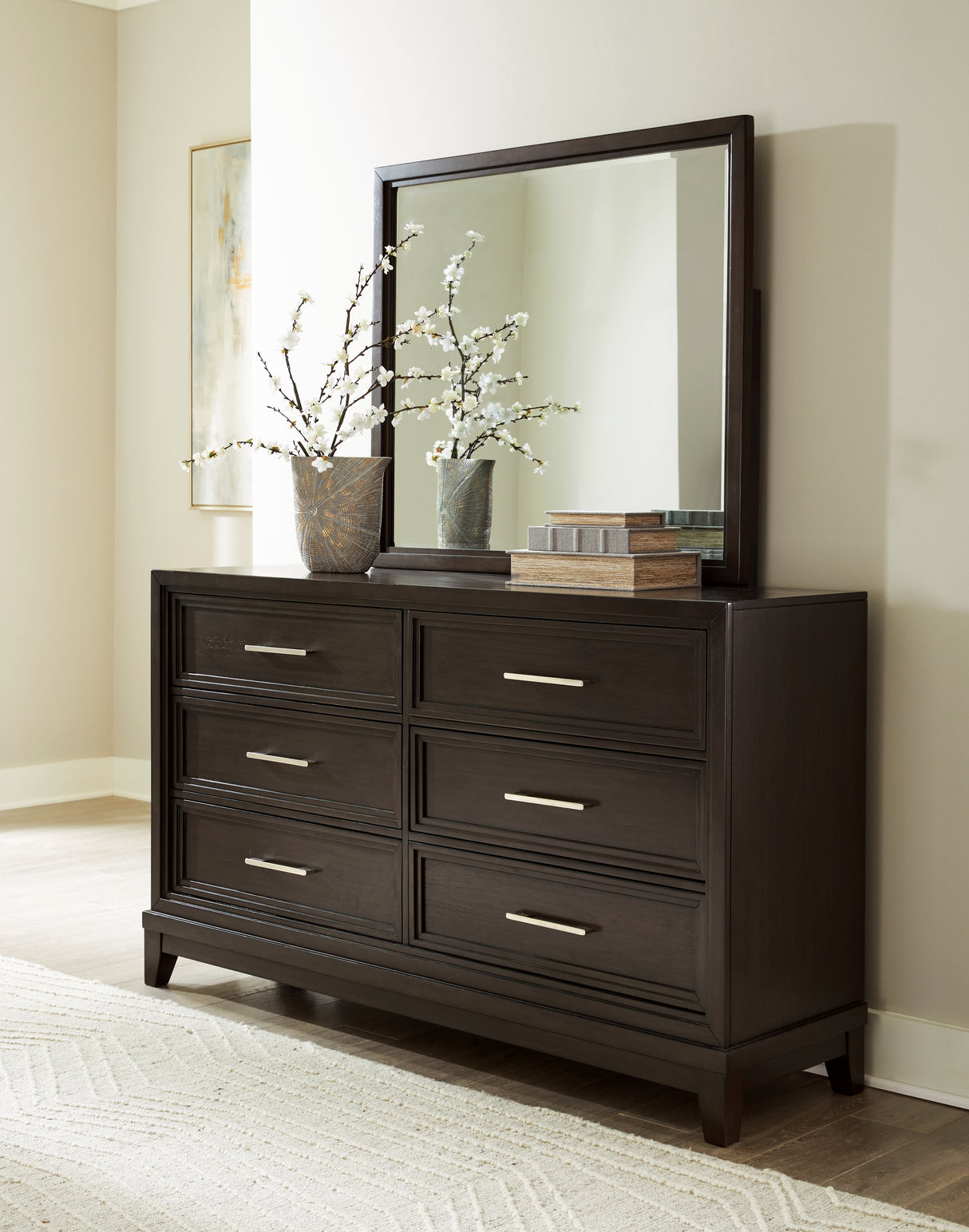 Neymorton California King Upholstered Panel Bed with Mirrored Dresser and Chest in Dark Grayish Brown from Ashley - Luna Furniture