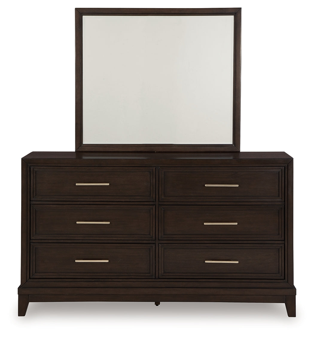 Neymorton California King Upholstered Panel Bed with Mirrored Dresser and Nightstand in Dark Grayish Brown from Ashley - Luna Furniture