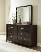 Neymorton California King Upholstered Panel Bed with Mirrored Dresser and Nightstand in Dark Grayish Brown from Ashley - Luna Furniture