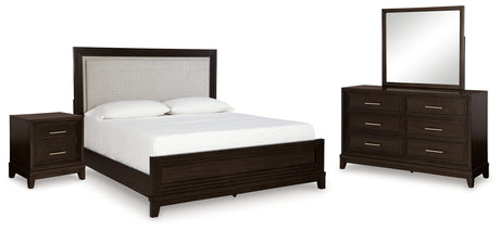 Neymorton California King Upholstered Panel Bed with Mirrored Dresser and Nightstand in Dark Grayish Brown - PKG020368