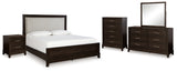 Neymorton California King Upholstered Panel Bed with Mirrored Dresser, Chest and Nightstand in Dark Grayish Brown from Ashley - Luna Furniture