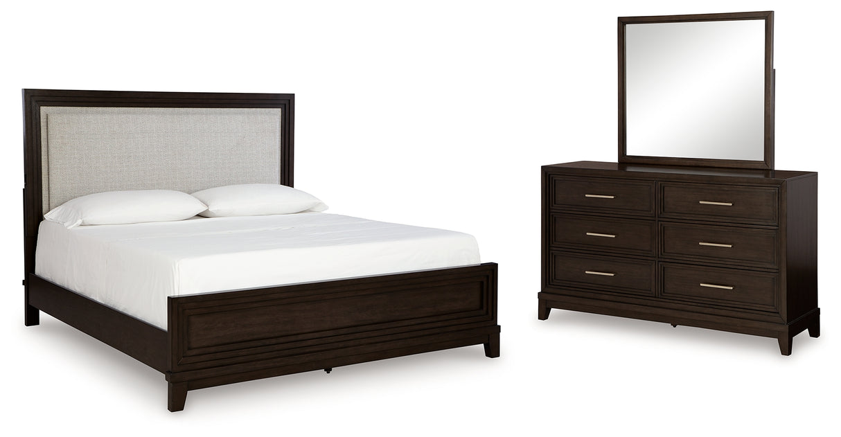 Neymorton California King Upholstered Panel Bed with Mirrored Dresser in Dark Grayish Brown from Ashley - Luna Furniture