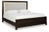 Neymorton California King Upholstered Panel Bed with Mirrored Dresser in Dark Grayish Brown from Ashley - Luna Furniture