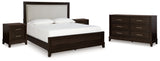 Neymorton King Upholstered Panel Bed with Dresser and 2 Nightstands in Dark Grayish Brown from Ashley - Luna Furniture