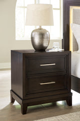 Neymorton King Upholstered Panel Bed with Mirrored Dresser and Nightstand in Dark Grayish Brown - PKG020359