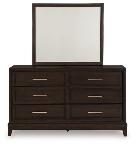 Neymorton King Upholstered Panel Bed with Mirrored Dresser in Dark Grayish Brown - PKG020356