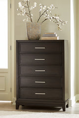 Neymorton Queen Upholstered Panel Bed with Mirrored Dresser and Chest in Dark Grayish Brown from Ashley - Luna Furniture