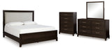 Neymorton Queen Upholstered Panel Bed with Mirrored Dresser and Chest in Dark Grayish Brown from Ashley - Luna Furniture