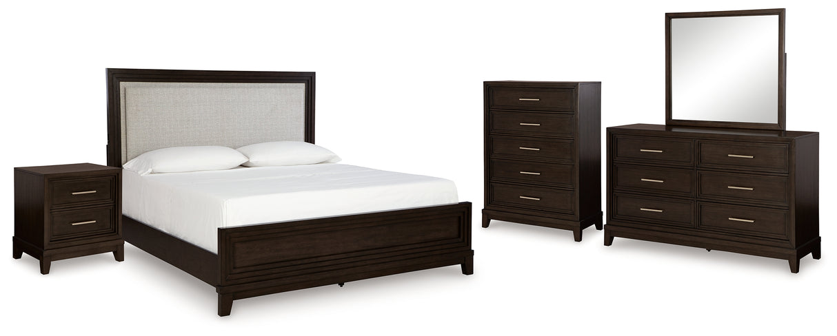 Neymorton Queen Upholstered Panel Bed with Mirrored Dresser, Chest and Nightstand in Dark Grayish Brown from Ashley - Luna Furniture