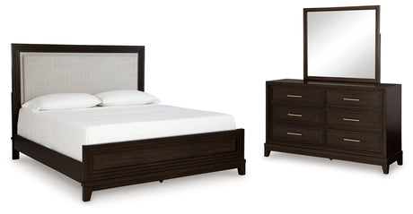 Neymorton Queen Upholstered Panel Bed with Mirrored Dresser in Dark Grayish Brown - PKG020347