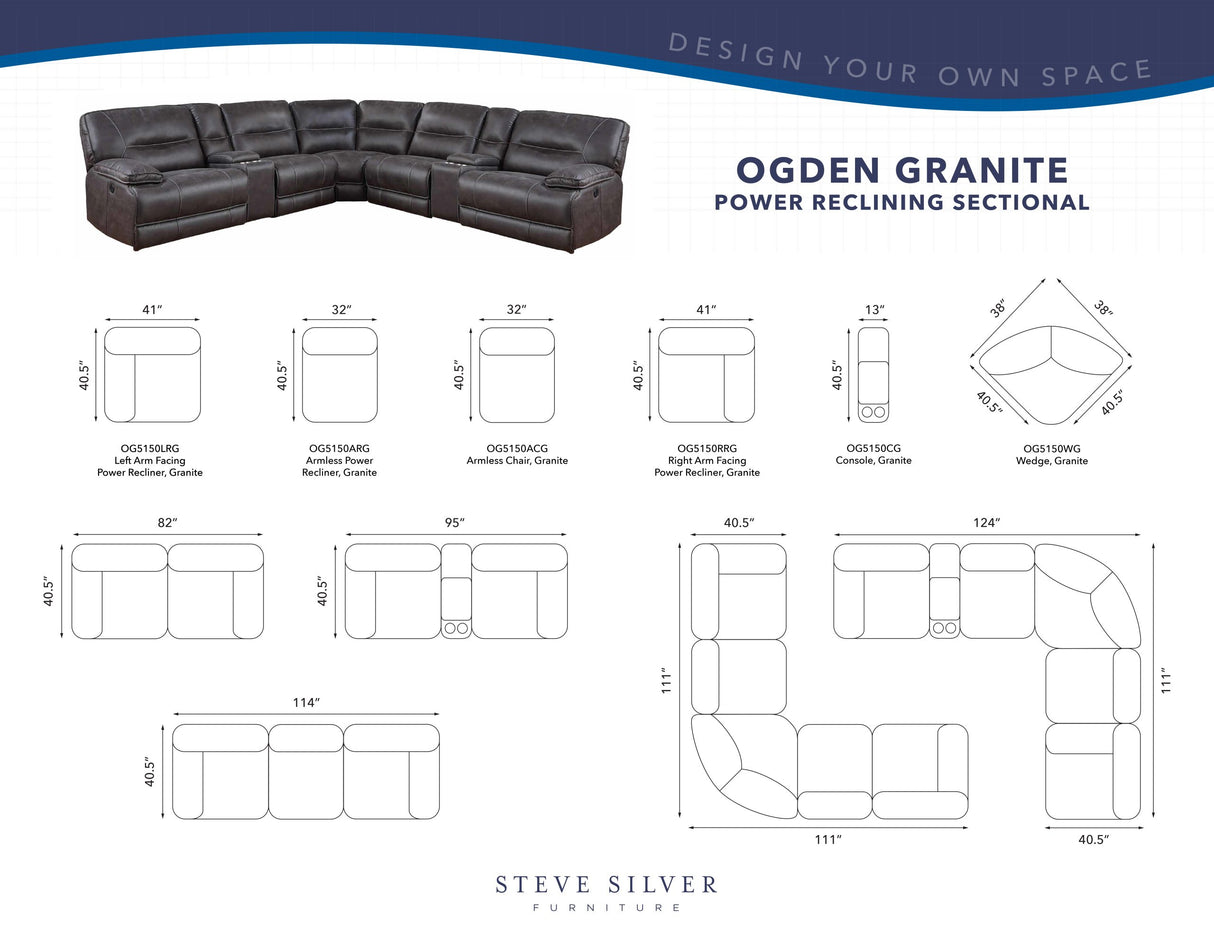 Ogden 6-Piece Power Sectional with RAF Recliner - SET | OG5150LRG | OG5150ARG | OG5150ACG | OG5150CG | OG5150WG | OG5150RRG