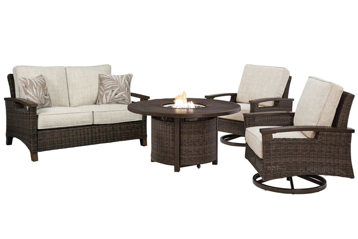 Paradise Trail Outdoor Loveseat and 2 Lounge Chairs with Fire Pit Table in Medium Brown - PKG012912