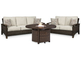 Paradise Trail Outdoor Sofa and Loveseat with Fire Pit Table in Medium Brown from Ashley - Luna Furniture