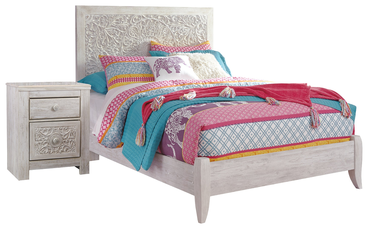 Paxberry Full Panel Bed with Nightstand in Whitewash from Ashley - Luna Furniture