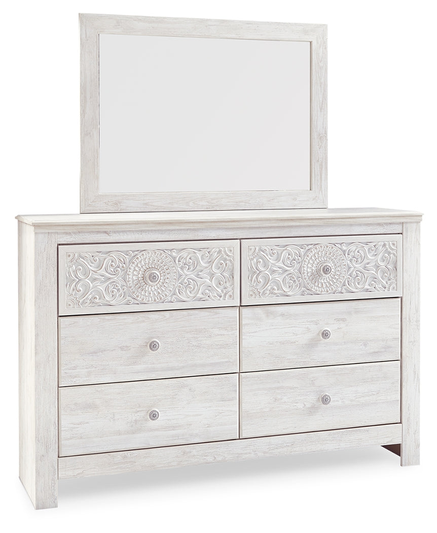 Paxberry King Panel Bed with Mirrored Dresser and 2 Nightstands in Whitewash from Ashley - Luna Furniture