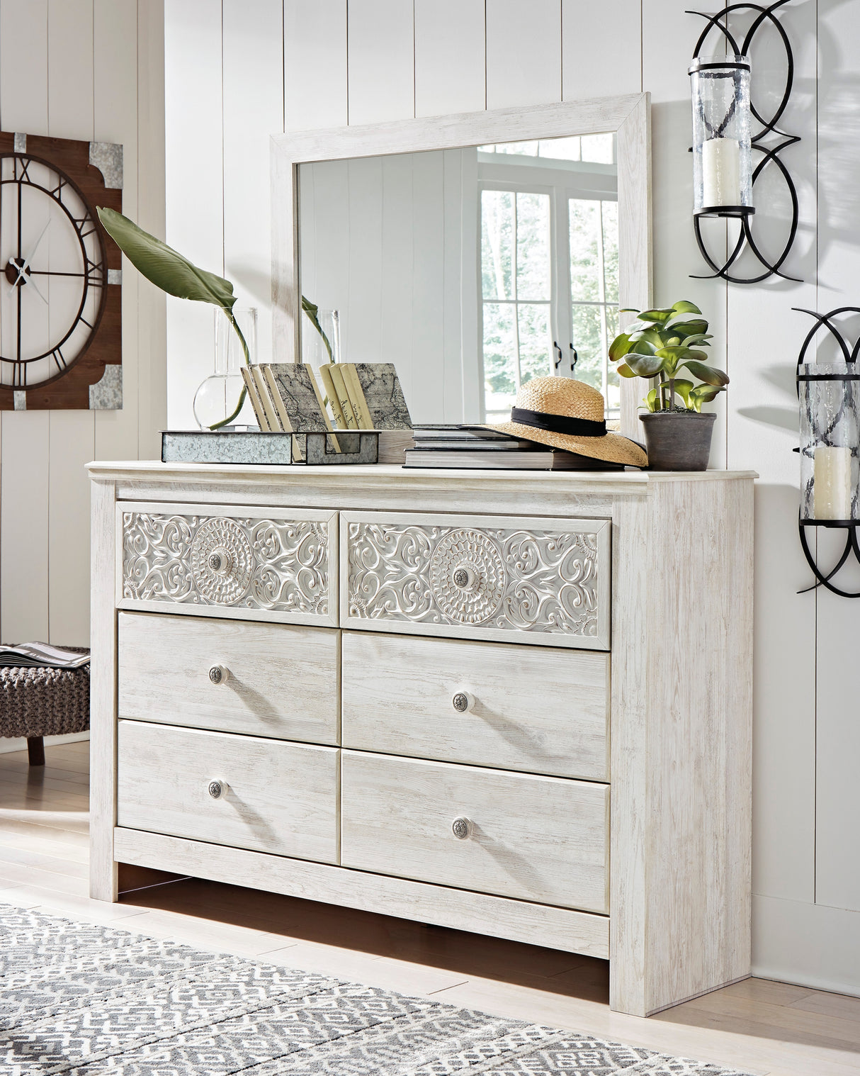 Paxberry King Panel Bed with Mirrored Dresser and 2 Nightstands in Whitewash from Ashley - Luna Furniture