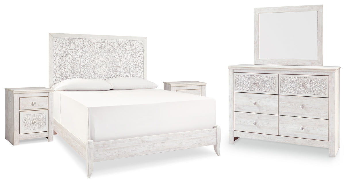 Paxberry King Panel Bed with Mirrored Dresser and 2 Nightstands in Whitewash from Ashley - Luna Furniture