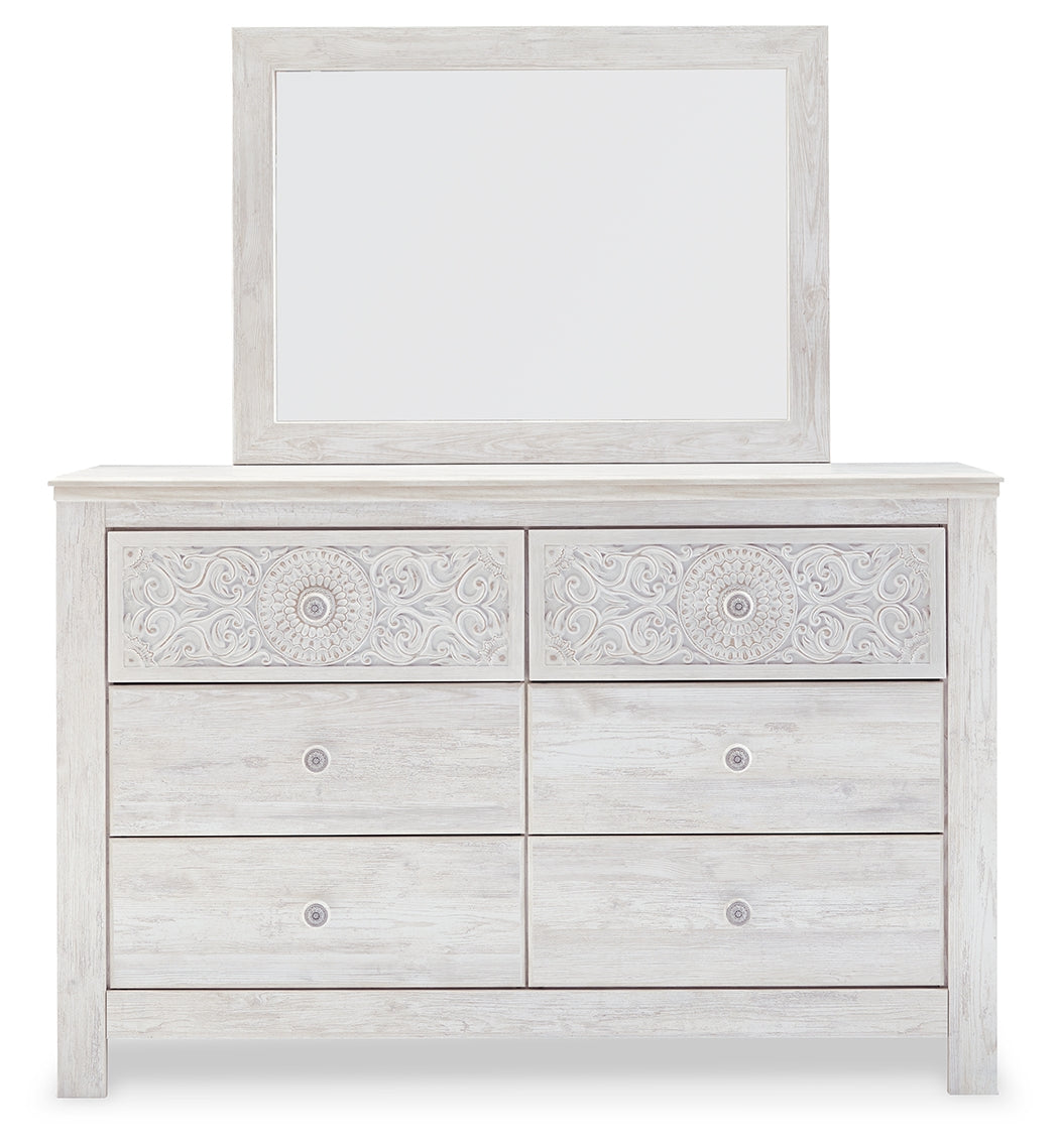 Paxberry King Panel Bed with Mirrored Dresser and 2 Nightstands in Whitewash from Ashley - Luna Furniture