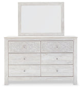 Paxberry King Panel Bed with Mirrored Dresser and 2 Nightstands in Whitewash from Ashley - Luna Furniture