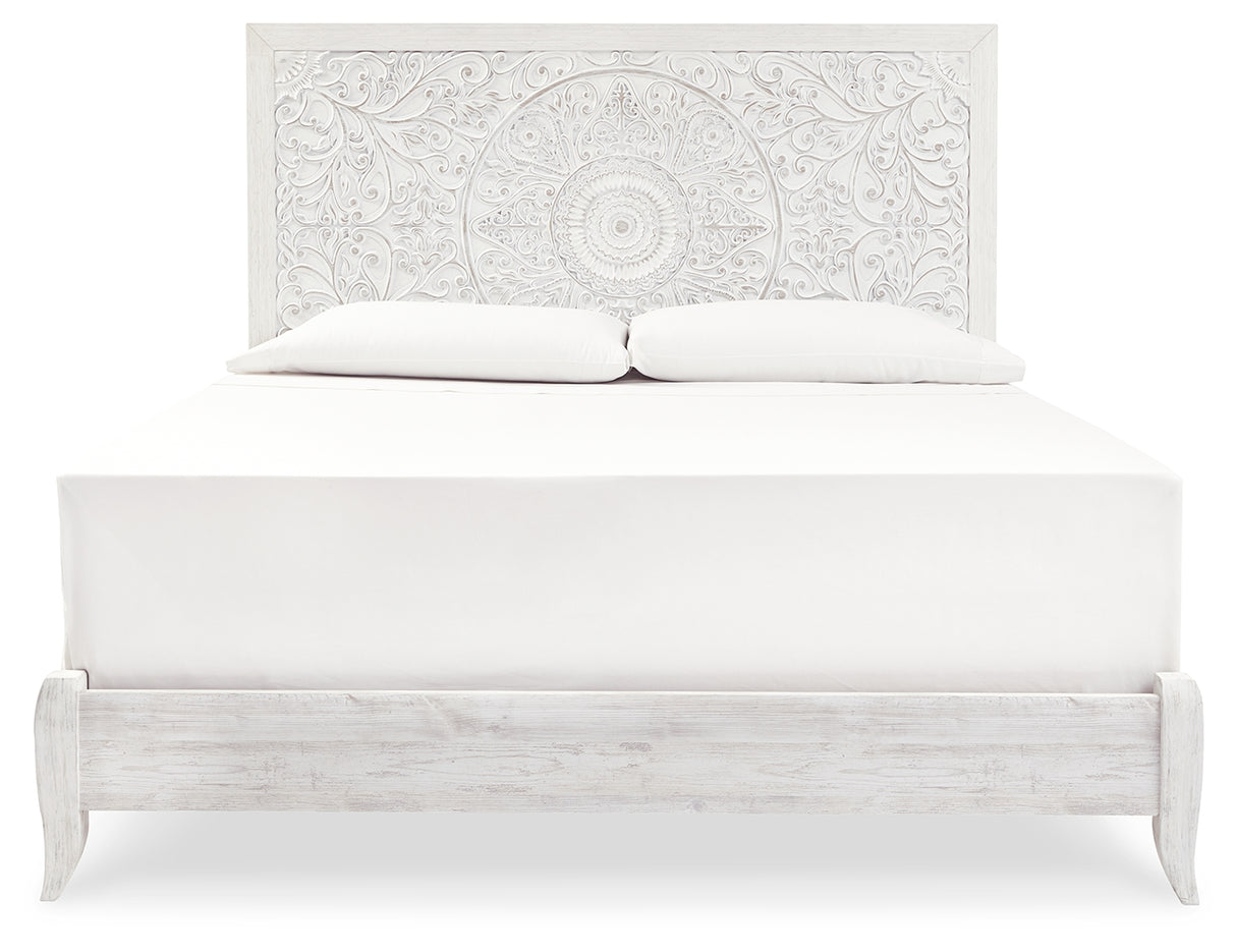 Paxberry King Panel Bed with Mirrored Dresser and 2 Nightstands in Whitewash from Ashley - Luna Furniture